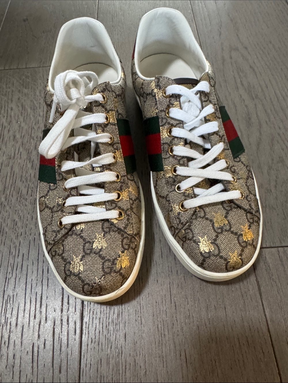 Gucci GG Supreme Bee Sneakers in Brown with Gold & Green-Red Web